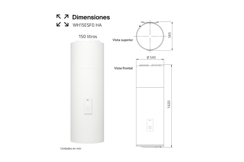 Vista superior da Bomba de Calor LG WH15ESF0.HA em branco essence, com design de montagem na parede.