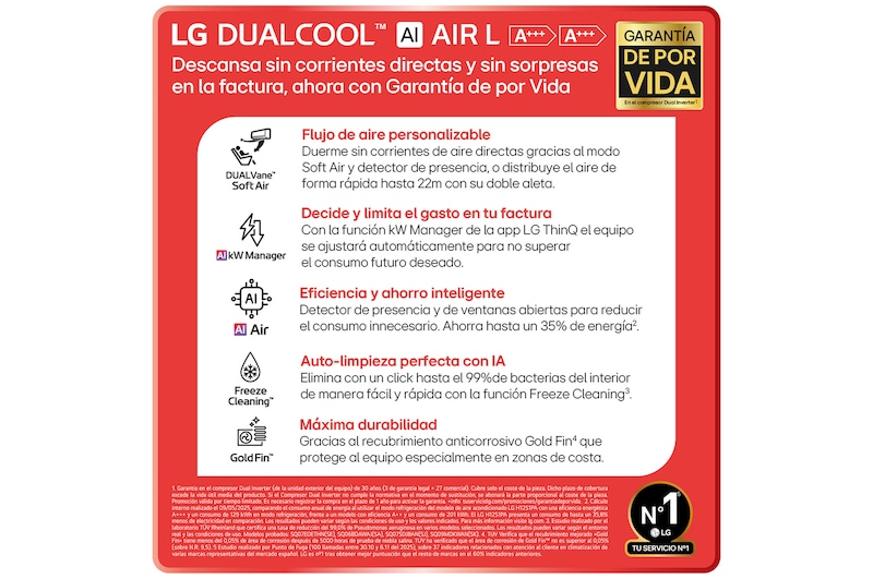 LG Dual Vane air conditioner shown in a living room. Cool air flows upward on the left, warm air downward on the right. The accompanying text reads: 'DUAL Vane spreads airflow up or down, further and faster, for ideal comfort in any season.'