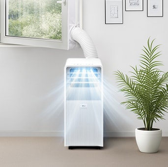 Aire acondicionado portátil LG proporcionando refrigeración rápida con un potente flujo de aire azul en una estancia luminosa.
