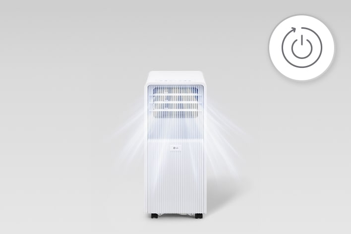 Aire acondicionado portátil LG con icono de reinicio automático que muestra un botón de encendido con una flecha circular.