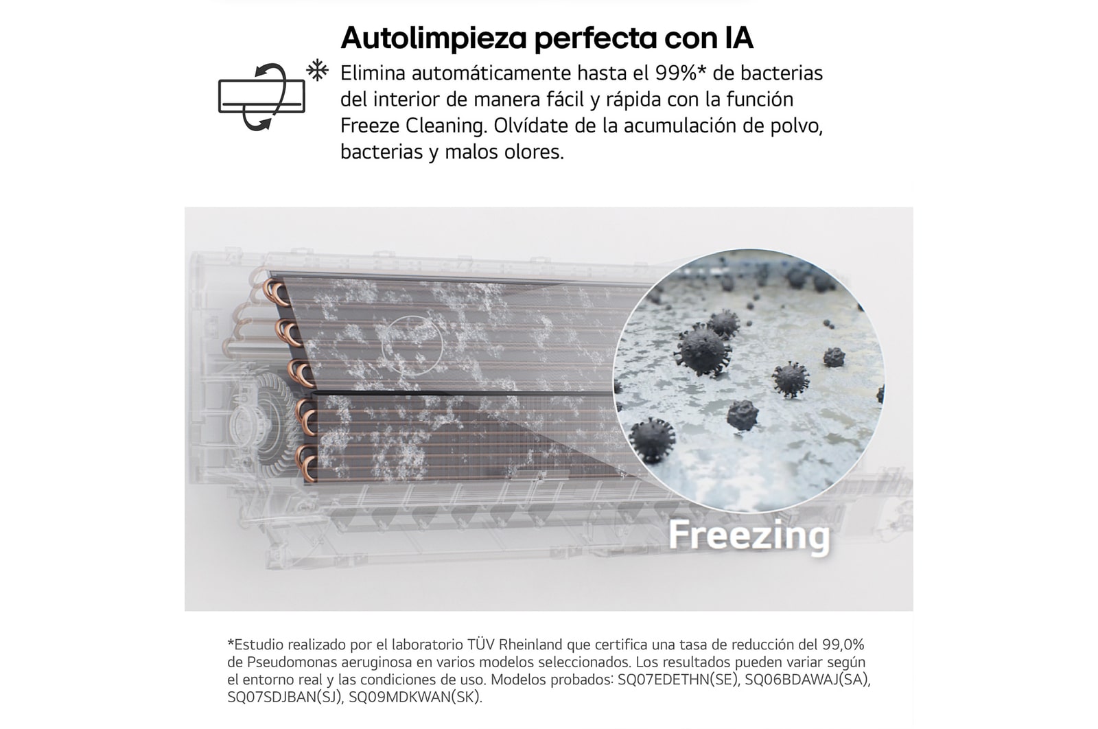 Vista frontale dall’angolo basso a sinistra di un condizionatore d’aria LG con il deflettore inferiore aperto