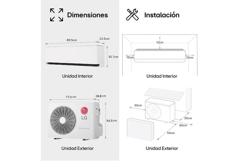 LG Dual Vane air conditioner shown in a living room. Cool air flows upward on the left. The accompanying text reads: 'DUAL Vane spreads airflow up or down, further and faster, for ideal comfort in any season.'