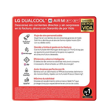 Illustration of LG AI Air technology in a living room with a wall-mounted air conditioner. The system adjusts airflow by sensing room temperature and user location. The accompanying text reads: 'AI Air with LG ThinQ: AI Air senses room temperature and adjusts airflow based on your location for comfort.'