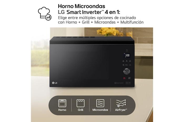 LG Horno Convección Microondas 4 en 1 Smart Inverter, con función freidora de aire, color Negro 1100W de 39 litros, MJ3965BPS