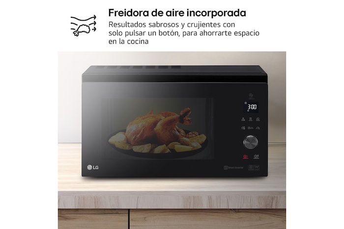 LG Horno Convección Microondas 4 en 1 Smart Inverter, con función freidora de aire, color Negro 1100W de 39 litros, MJ3965BPS