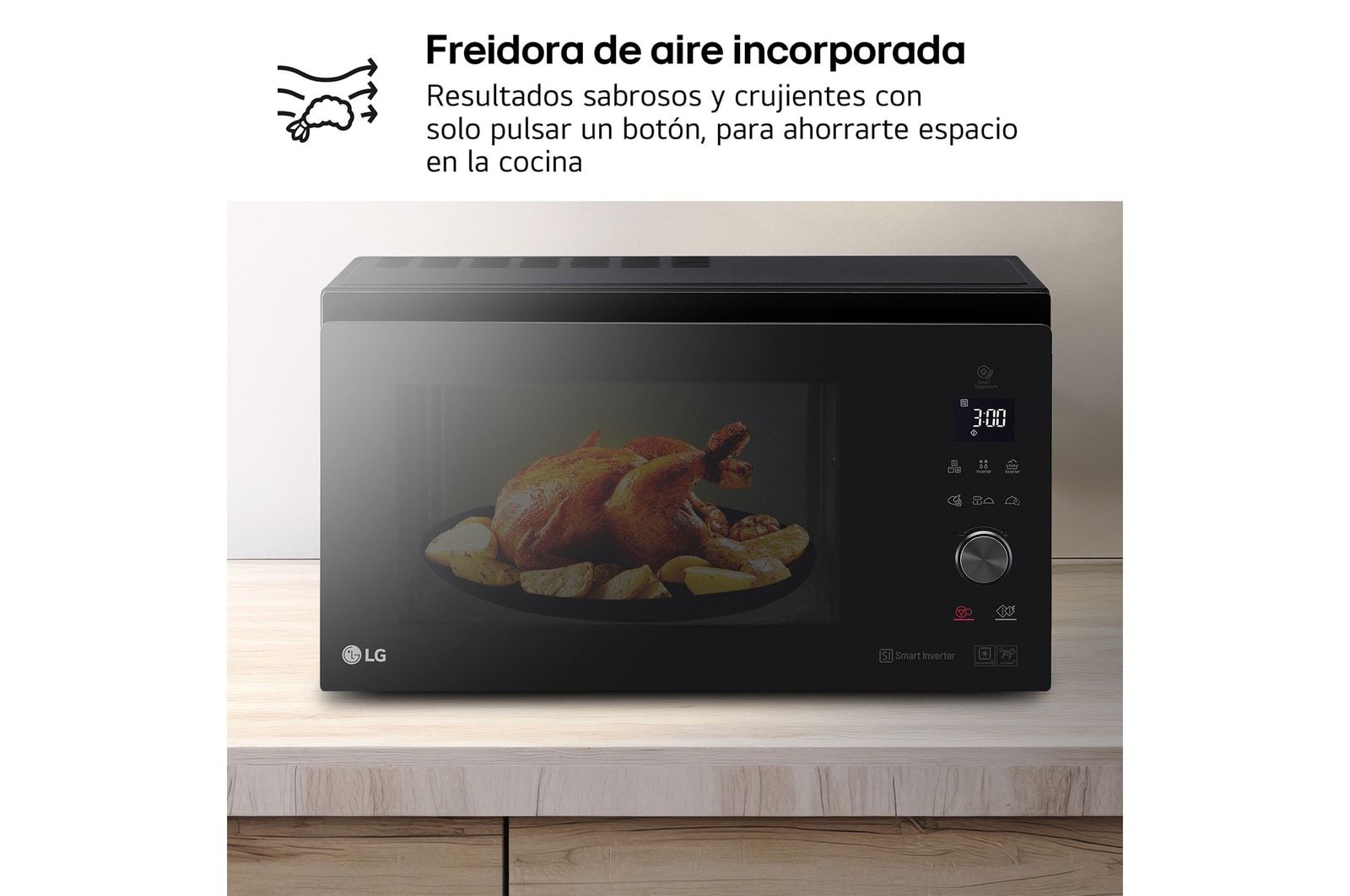 LG Horno Convección Microondas 4 en 1 Smart Inverter, con función freidora de aire, color Negro 1100W de 39 litros, MJ3965BPS