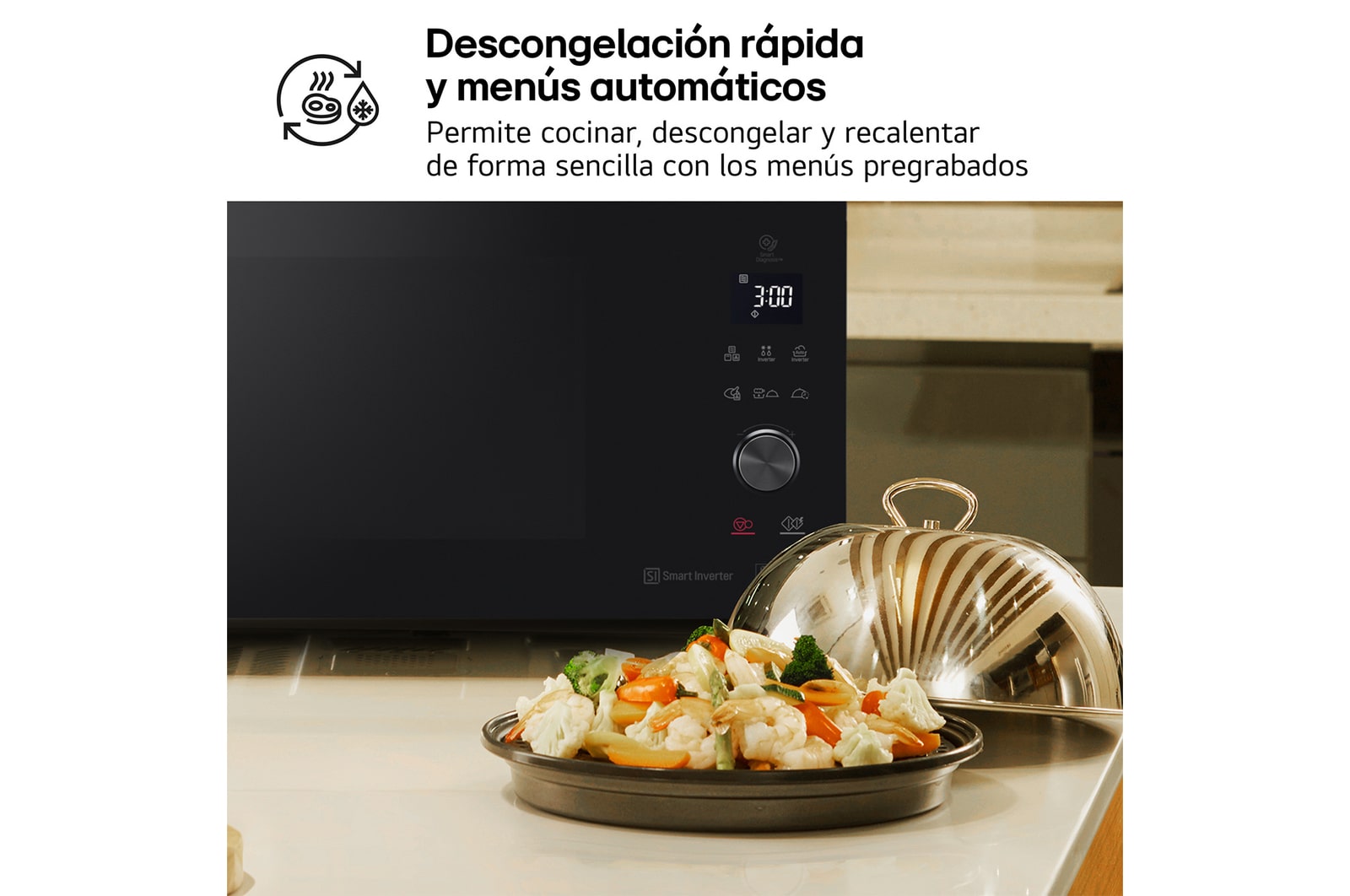 LG Horno Convección Microondas 4 en 1 Smart Inverter, con función freidora de aire, color Negro 1100W de 39 litros, MJ3965BPS