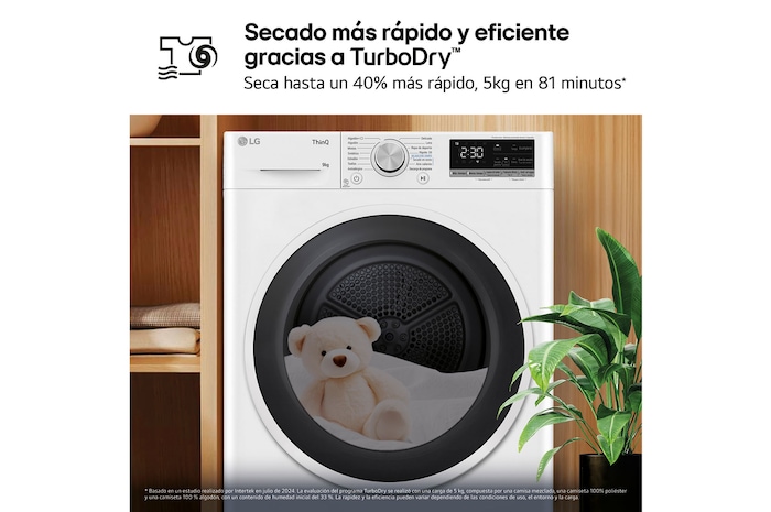 LG Outlet Secadora con Bomba de calor Dual Inverter 9kg, Clasificación D, Blanca, Serie 5, RH90V5AV6N.OUTLET