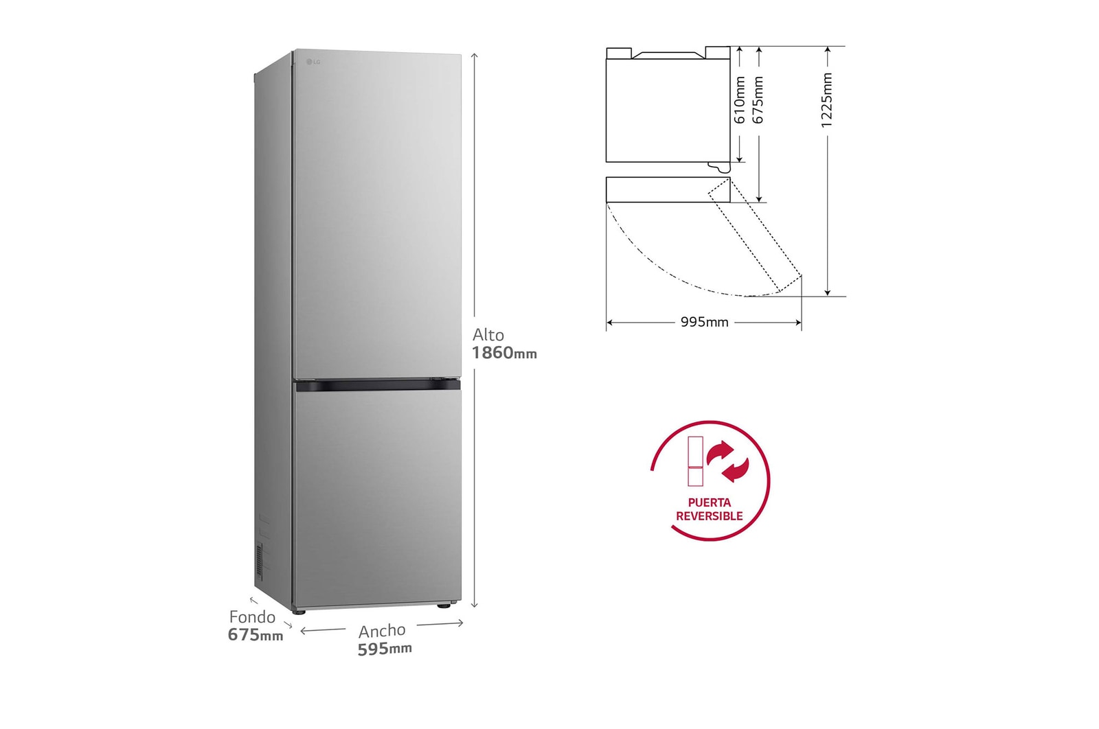 LG Frigorífico Combi Door Cooling+, 1,86m, Clasificación C, capacidad de 374l, inox antihuellas. Serie 500, GBV5140CPY