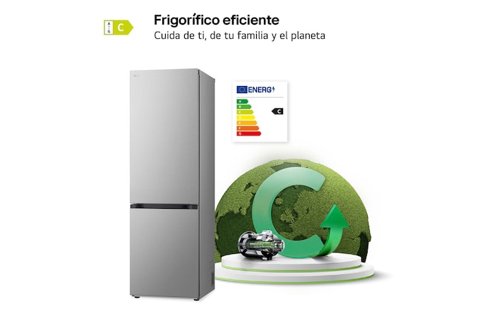LG Frigorífico Combi Door Cooling+, 1,86m, Clasificación C, capacidad de 374l, inox antihuellas. Serie 500, GBV5140CPY