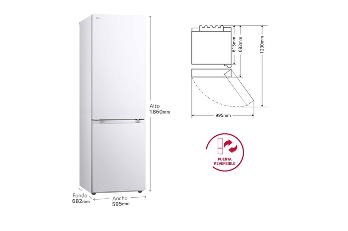 LG Frigorífico Combi Door Cooling+, 1,86m, Clasificación D, capacidad de 374l, blanco. Serie 500, GBV5140DSW