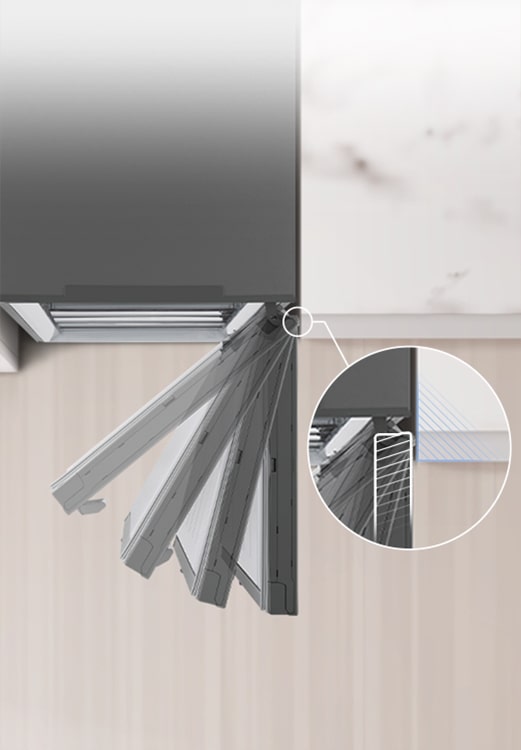 Aerial view of refrigerator installed next to wall with zero clearance of door hinge.