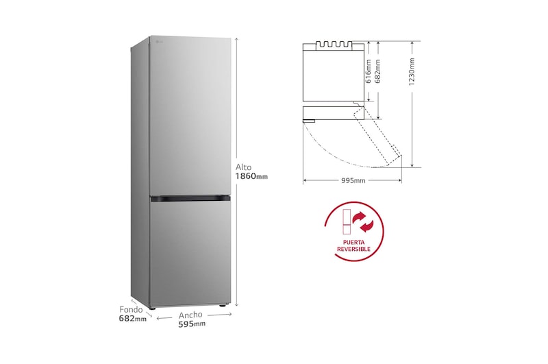 LG Frigorífico Combi Door Cooling+, 1,86m, Clasificación D, capacidad de 374l, inox antihuellas. Serie 700, GBV7180DPY