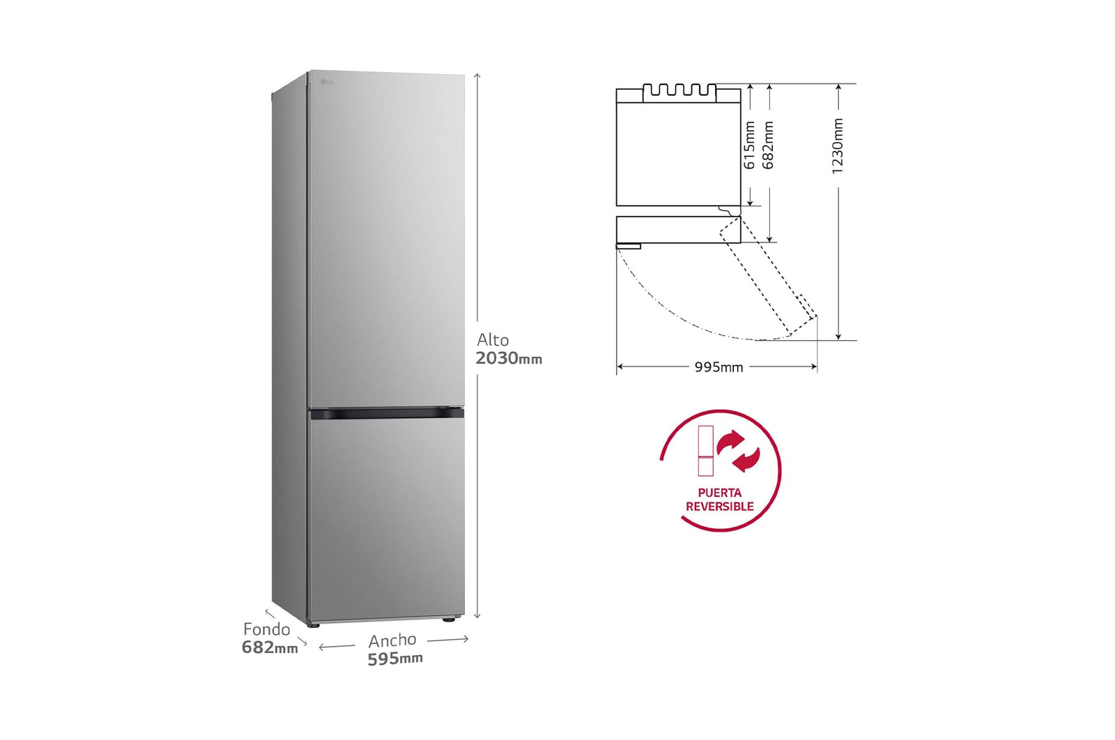 LG Frigorífico Combi Door Cooling+, 2,03m, Clasificación D, capacidad de 419l, inox antihuellas. Serie 700, GBV7280DPY