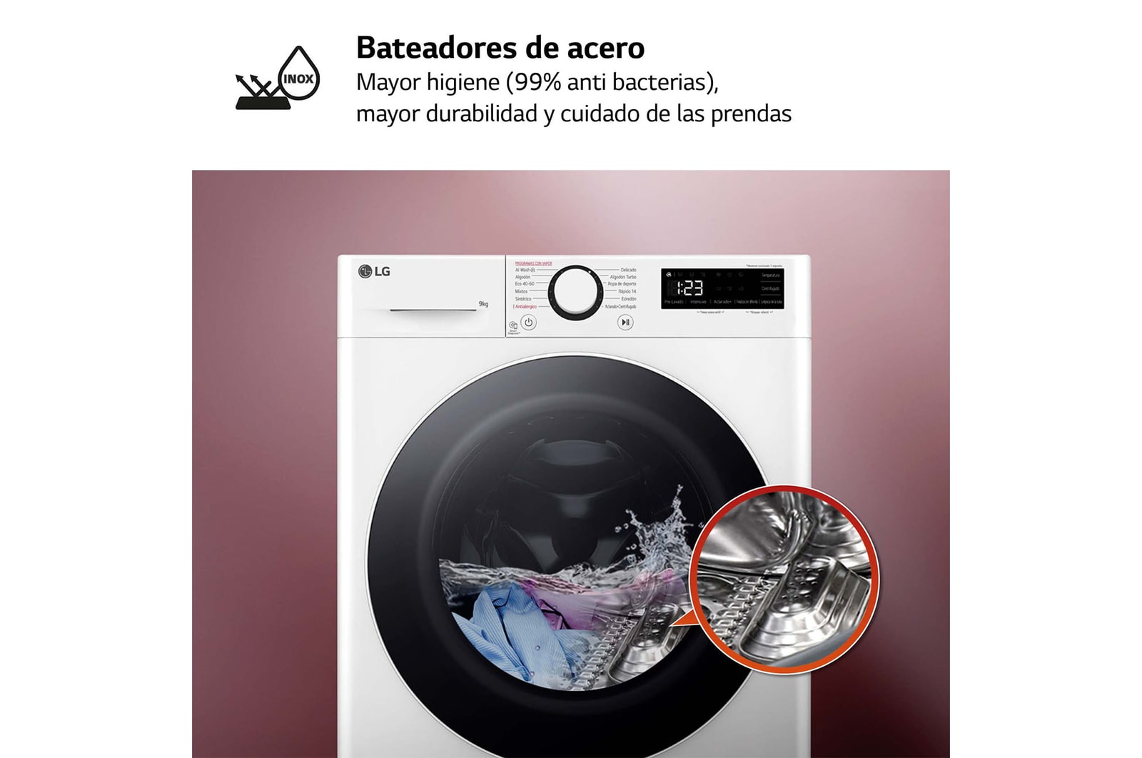 LG Lavadora inteligente AI Direct Drive, Vapor, 9kg , 1200rpm Un 10% más eficiente que A, Serie fondo especial 500, F2WR5S09A0W