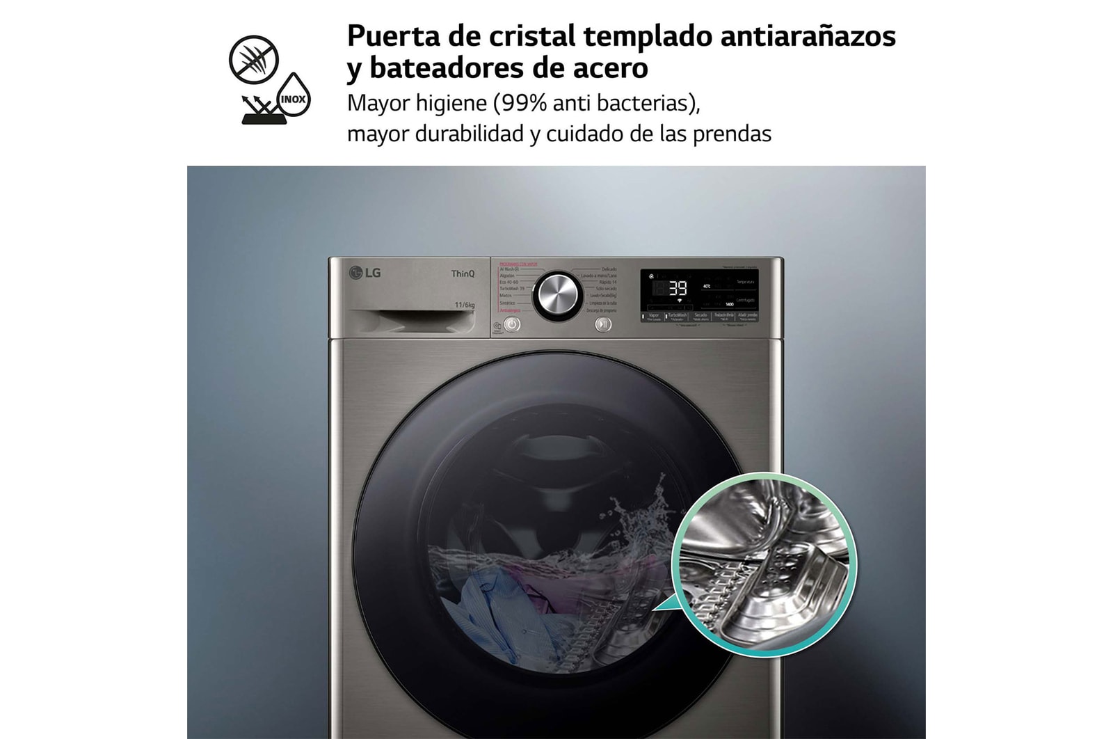 LG Lavasecadora inteligente AI Direct Drive TM, Turbowash 360º, 11/6kg, 1400rpm, Un 10% más eficiente que A(lavado) /D(secado) Inox antihuellas, Serie 700, F4DR7011AGS