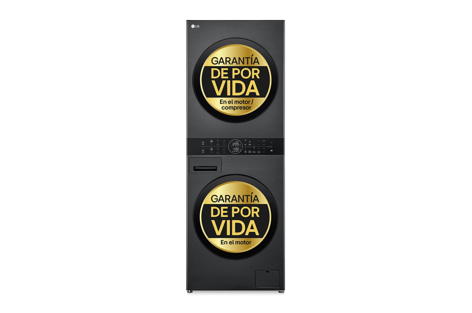 Vista frontal de Torre de lavado y secado | LG WT1210BBF, Direct Drive con inteligencia artificial, Bomba de calor Dual Inverter, 12kg lavado, 10kg secado, 1400rpm, clasificación A-10/C