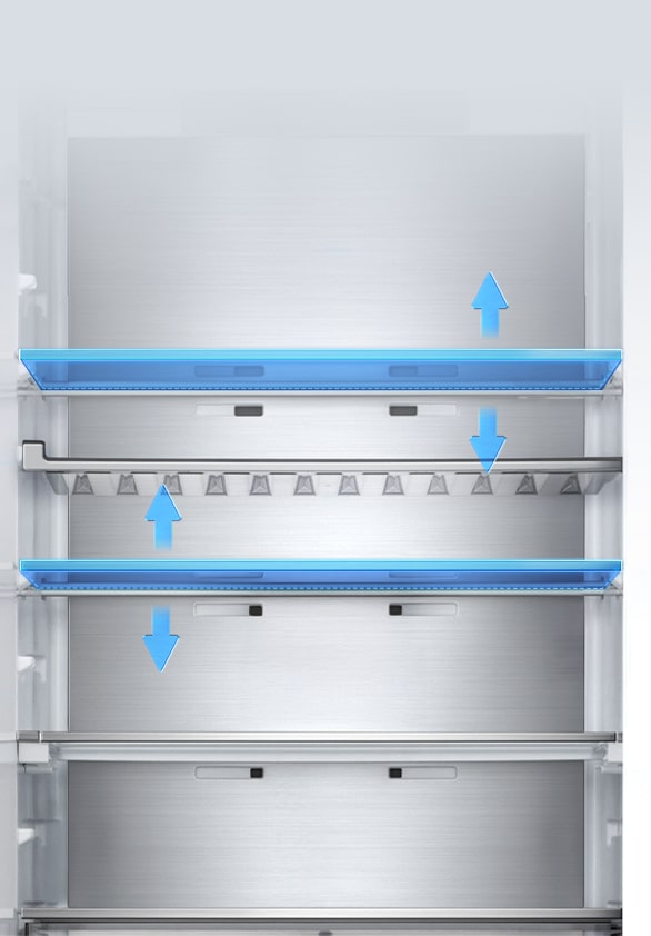 Vista interior del frigorífico LG con cinco estantes y niveles de altura ajustables, mostrados con flechas azules que indican el movimiento vertical.