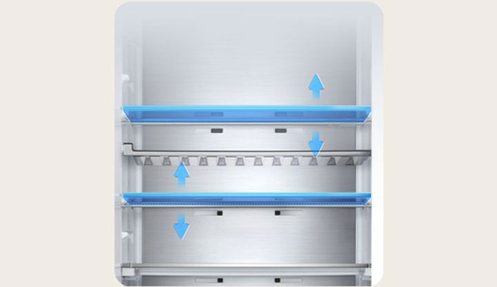 Vista interior del frigorífico LG con cinco estantes y niveles de altura ajustables, mostrados con flechas azules que indican el movimiento vertical.