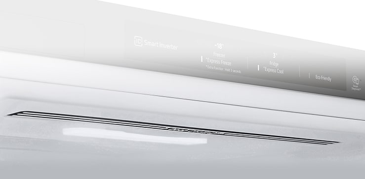 Panel de control del refrigerador LG con tecnología Smart Inverter, congelación exprés y ecológica.