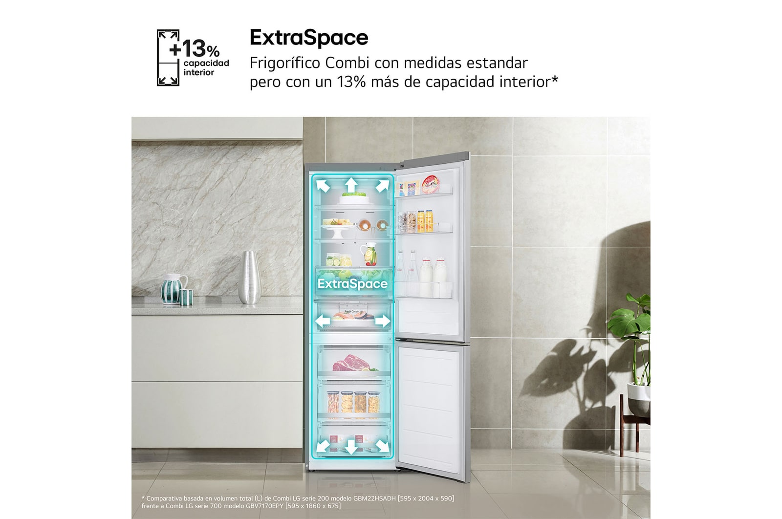 Frigorífico Combi Door Cooling+, 1,86m, Clasificación D, capacidad de 374l, inox antihuellas. Serie 700