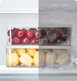 Comparación de envases de fruta congelada sin y con escarcha.