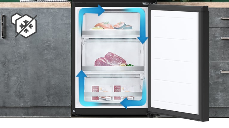 Congelador abierto con flujo de aire azul, mostrando salmón, carne y helados en estantes.
