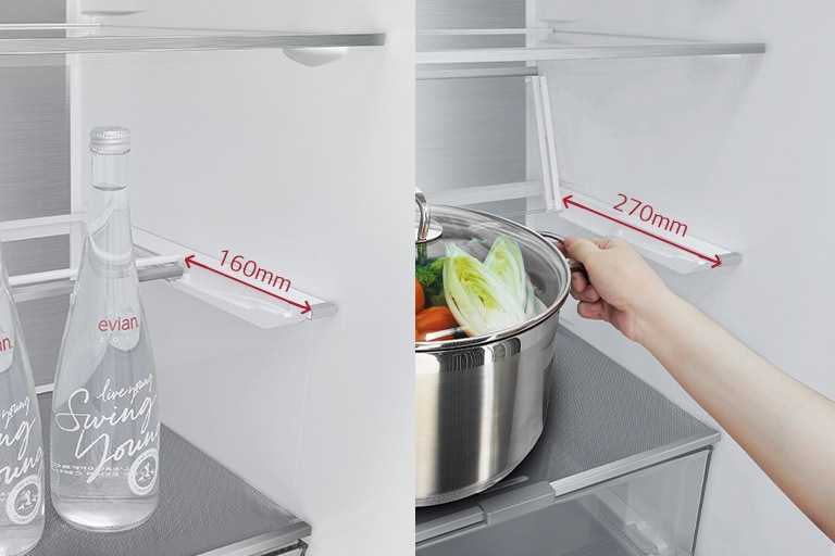 Estante abatible de dos escalones con espacio ajustable para botellas y ollas, que maximiza la capacidad de almacenamiento.