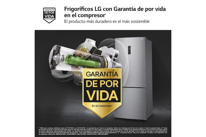 LG Frigorífico Combi 1,85m, Clasificación E, capacidad de 500l, Inox antihuellas, serie 70cm, GBB567PZCMB