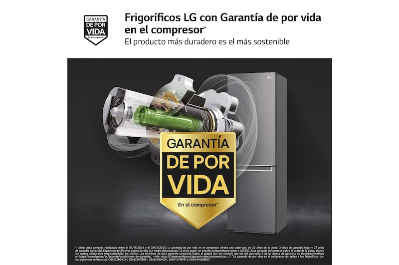 LG Frigorífico Combi, 1,86m, Clasificación E, capacidad de 374l, Inox Grafito Antihuellas, serie 3, GBP31DSLZN