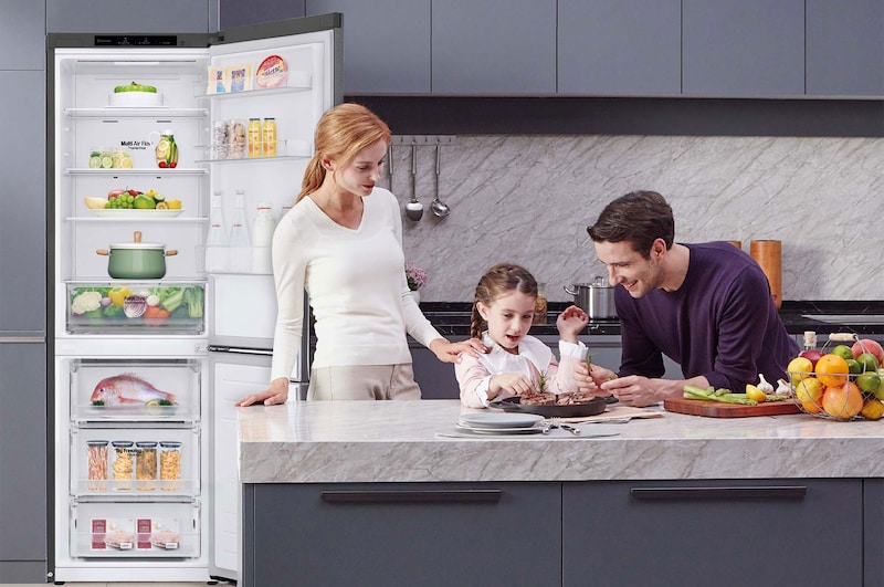 LG Frigorífico Combi, 1,86m, Clasificación E, capacidad de 374l, Inox Grafito Antihuellas, serie 3, GBP31DSLZN