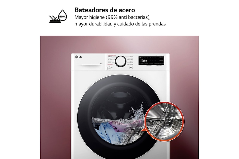 LG Lavadora inteligente AI Direct Drive, Vapor, 8kg , 1200rpm Un 10% más eficiente que A, Serie fondo especial 500, F2WR5S08A0W