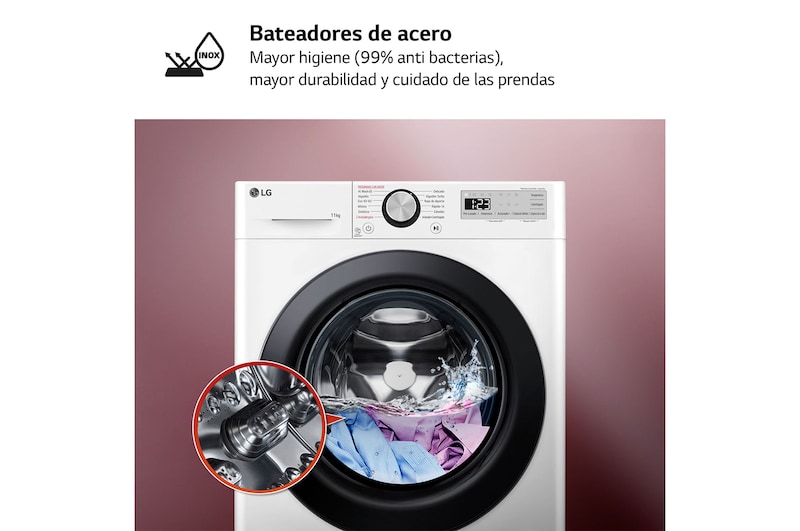 LG Lavadora inteligente AI Direct Drive, Vapor, 11kg , 1400rpm Un 10% más eficiente que A, Serie 500, F4WR5011A6F