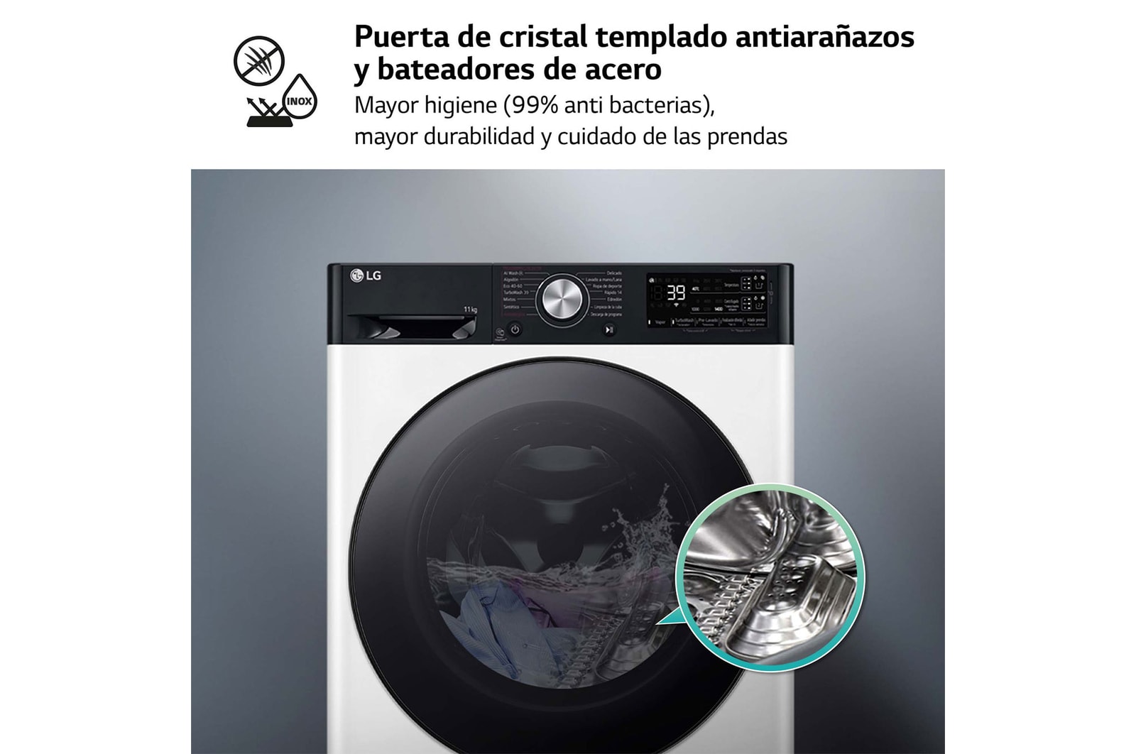 LG Lavadora 11kg , 1400rpm Un 10% más eficiente que A, TurboWash 360º- Dosificador automático detergente, F4WR7511AGH