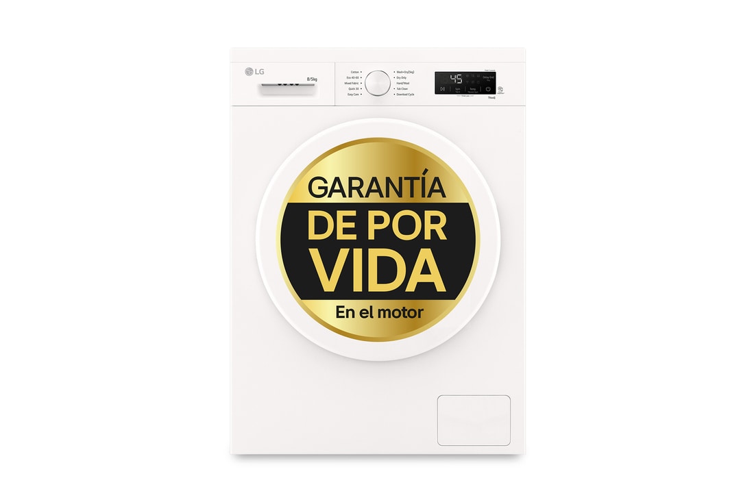 Vista frontal de Lavasecadora Inverter | LG W4X1085NWH, Direct Drive,6 Motion, 8/5kg, 1400rpm, Serie 140, Clasificación A (Lavado) / E (Secado), Blanca