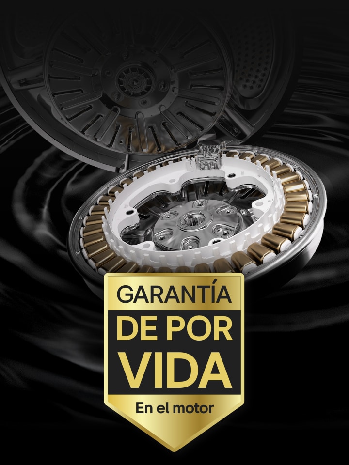 Tiene el motor y el logotipo de una lavadora sobre un fondo negro ondulado