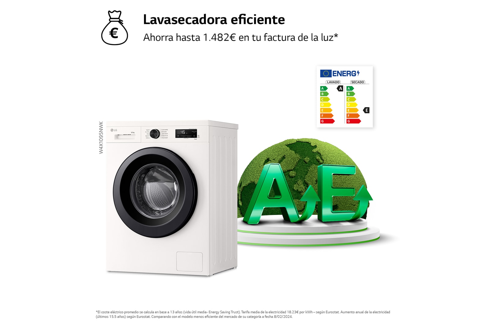 LG Lavasecadora Inverter | LG W4X1095NWK, Direct Drive, 6 Motion, 9/5kg, 1400rpm, Serie 140, Clasificación A (Lavado) / E (Secado), Blanca, W4X1095NWK