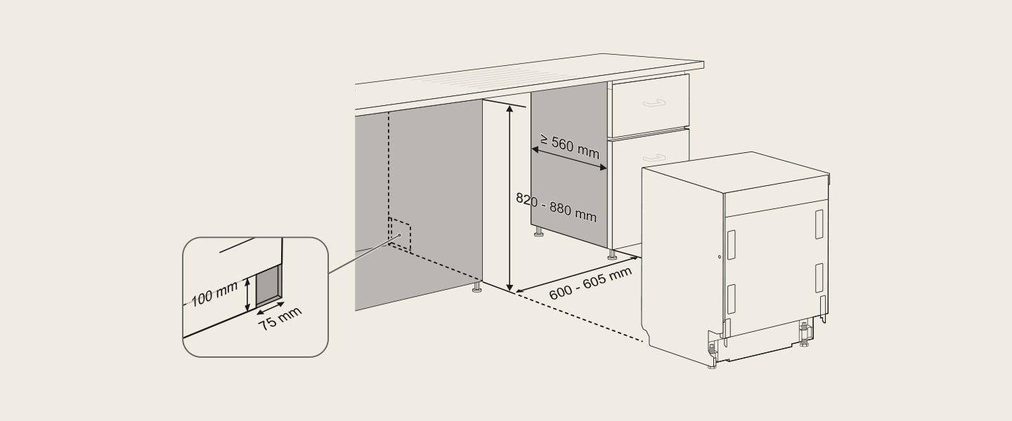 Guía para la instalación del lavavajillas LG: ancho 600-605 mm, alto 820-880 mm, profundidad ≥560 mm, espacio trasero de 75-100 mm para ventilación.