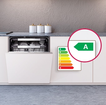 Lavavajillas empotrado LG en una cocina blanca, parcialmente abierta. Una etiqueta indica que cumple con la eficiencia energética estándar de grado A.