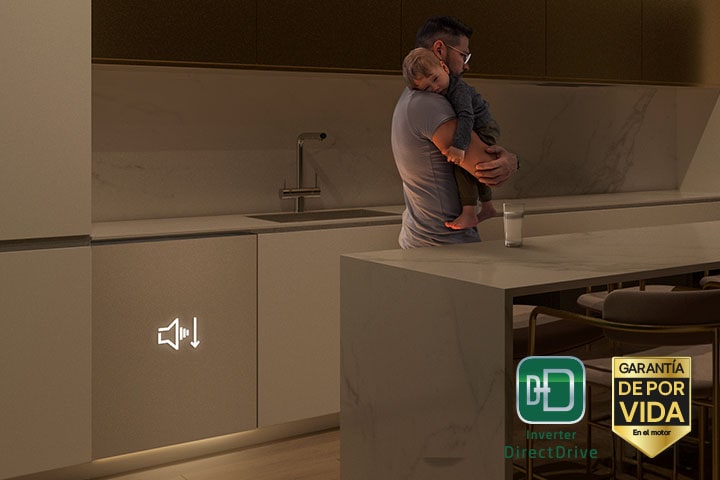 Hombre con niño durmiendo en la cocina en la que aparece un lavavajillas