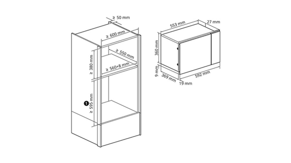 Dimensiones del horno microondas empotrado y zona de instalación.