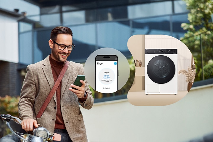 Un hombre controlando de forma remota la secadora LG a través de la aplicación ThinQ.