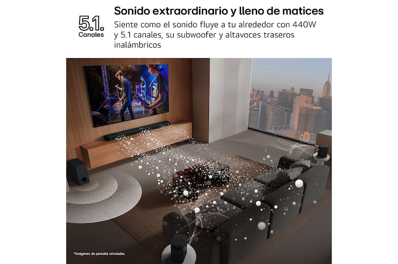 LG Barra de Sonido - LG S60TR, Bluetooth, 440W, 5.1 Canales con subwoofer, altavoces traseros para cine en casa, Dolby Digital, DTS Digital Surround , Negro, S60TR