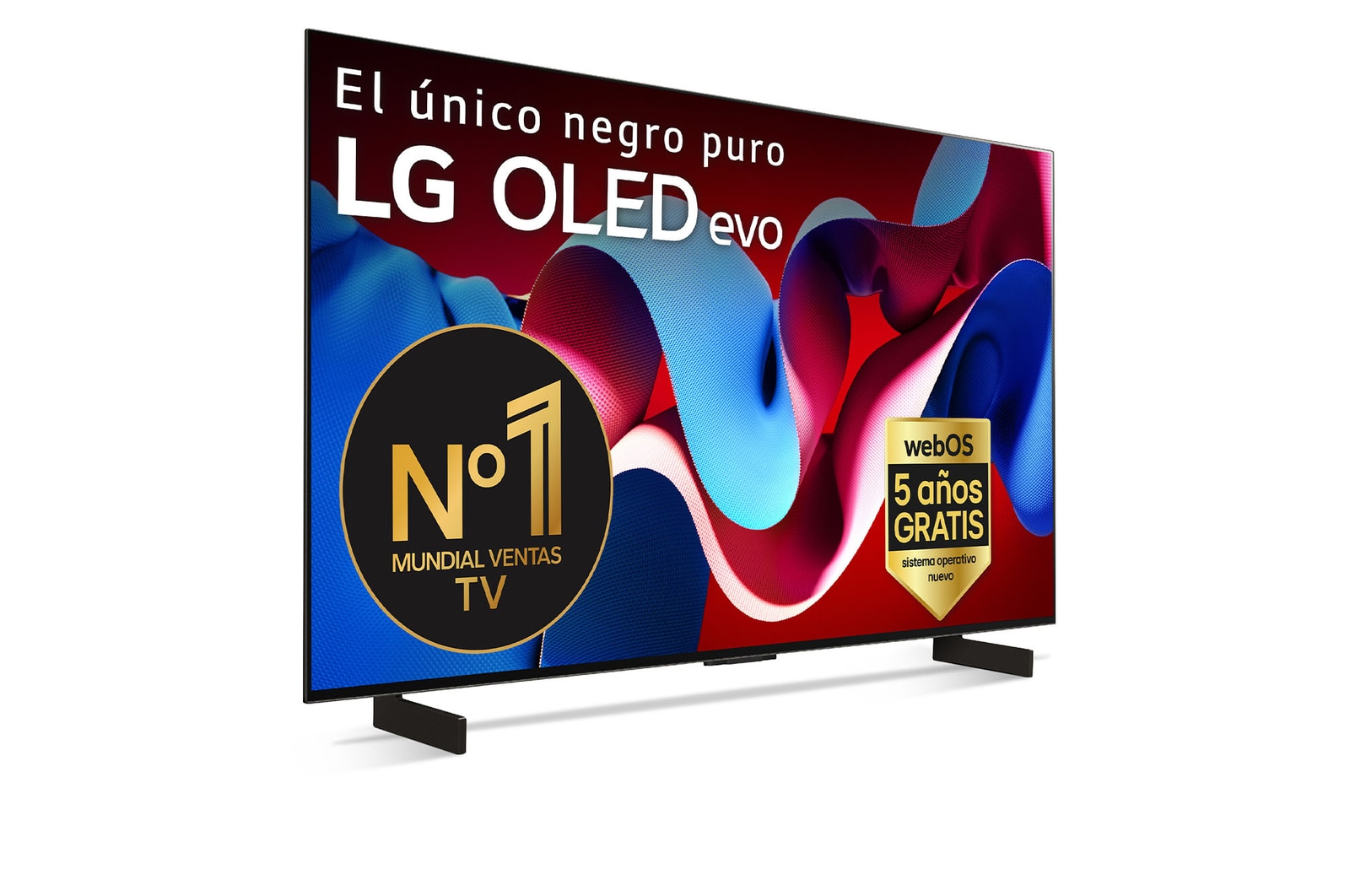 Vista frontal con la televisión LG OLED evo AI, la OLED C4, el emblema de la OLED número 1 del mundo durante 11 años y el logotipo del programa webOS Re:New en la pantalla