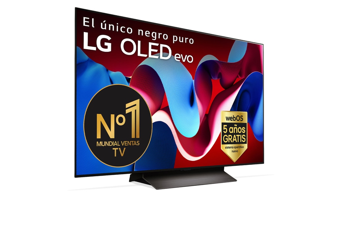 Vista frontal con la televisión LG OLED evo AI, la OLED C4, el emblema de la OLED número 1 del mundo durante 11 años y el logotipo del programa webOS Re:New en la pantalla