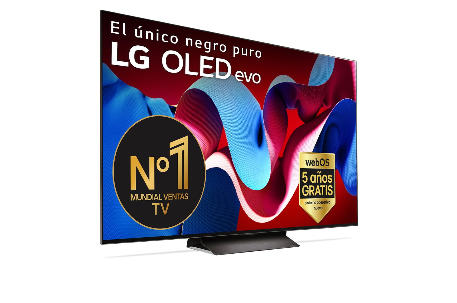 Vista frontal con la televisión LG OLED evo AI, la OLED C4, el logotipo de 11 años siendo el número 1 mundial de OLED y el logotipo del programa webOS Re:New en la pantalla, así como la Soundbar debajo