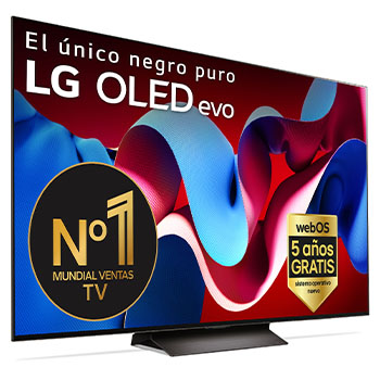 Vista frontal con la televisión LG OLED evo AI, la OLED C4, el logotipo de 11 años siendo el número 1 mundial de OLED y el logotipo del programa webOS Re:New en la pantalla, así como la Soundbar debajo