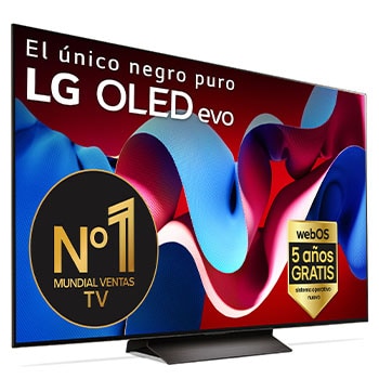 Vista frontal con la televisión LG OLED evo AI, la OLED C4, el logotipo de 11 años siendo el número 1 mundial de OLED y el logotipo del programa webOS Re:New en la pantalla, así como la Soundbar debajo