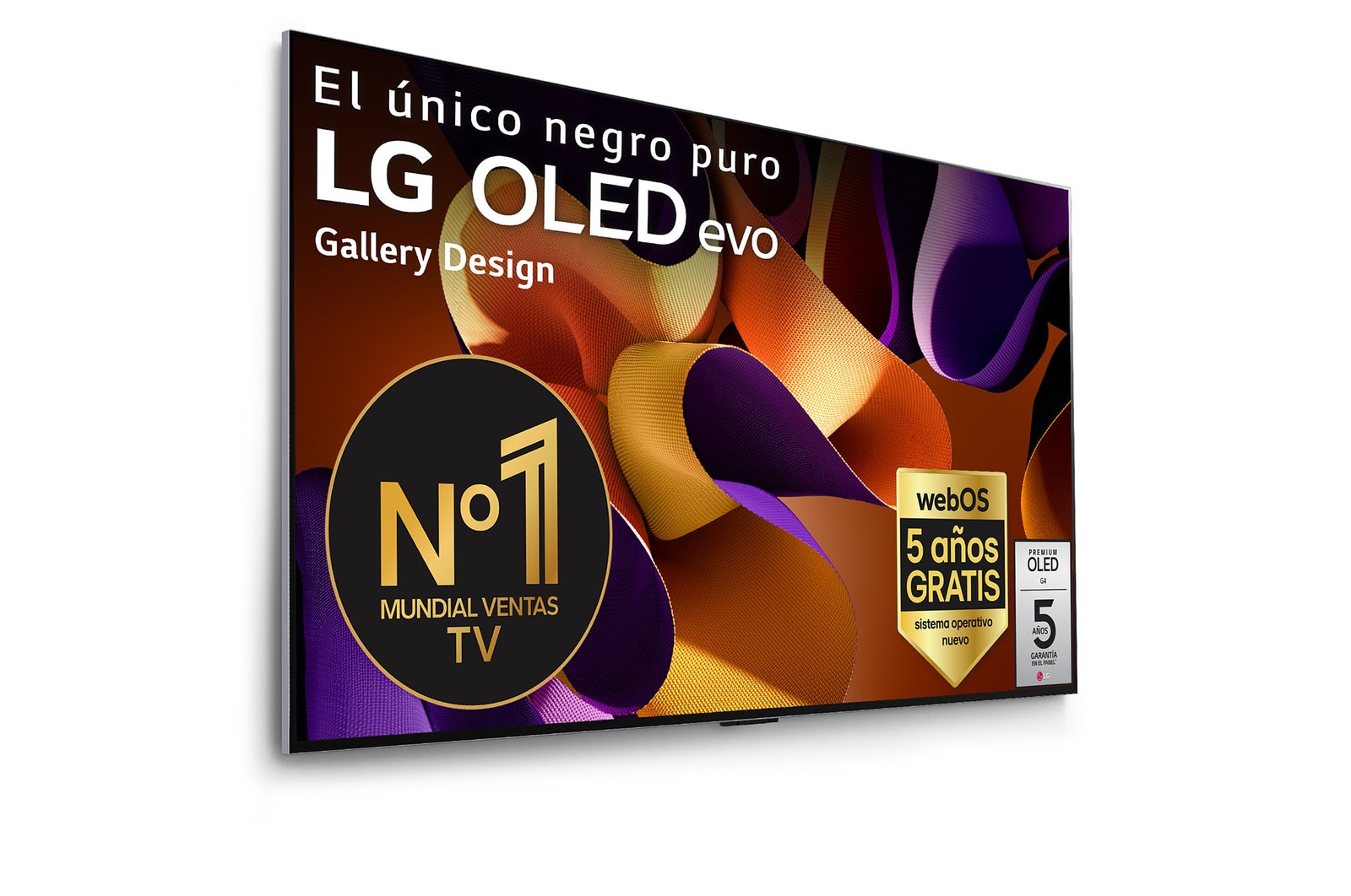 Vista frontal de un LG OLED evo AI TV, OLED G4, con el emblema “11 Years of world number 1 OLED”, el logotipo del programa webOS Re:New Program y el logotipo de la Garantía de 5 años en pantalla con la barra de sonido debajo