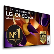 Vista frontal de un LG OLED evo AI TV, OLED G4, con el emblema “11 Years of world number 1 OLED”, el logotipo del programa webOS Re:New Program y el logotipo de la Garantía de 5 años en pantalla con la barra de sonido debajo